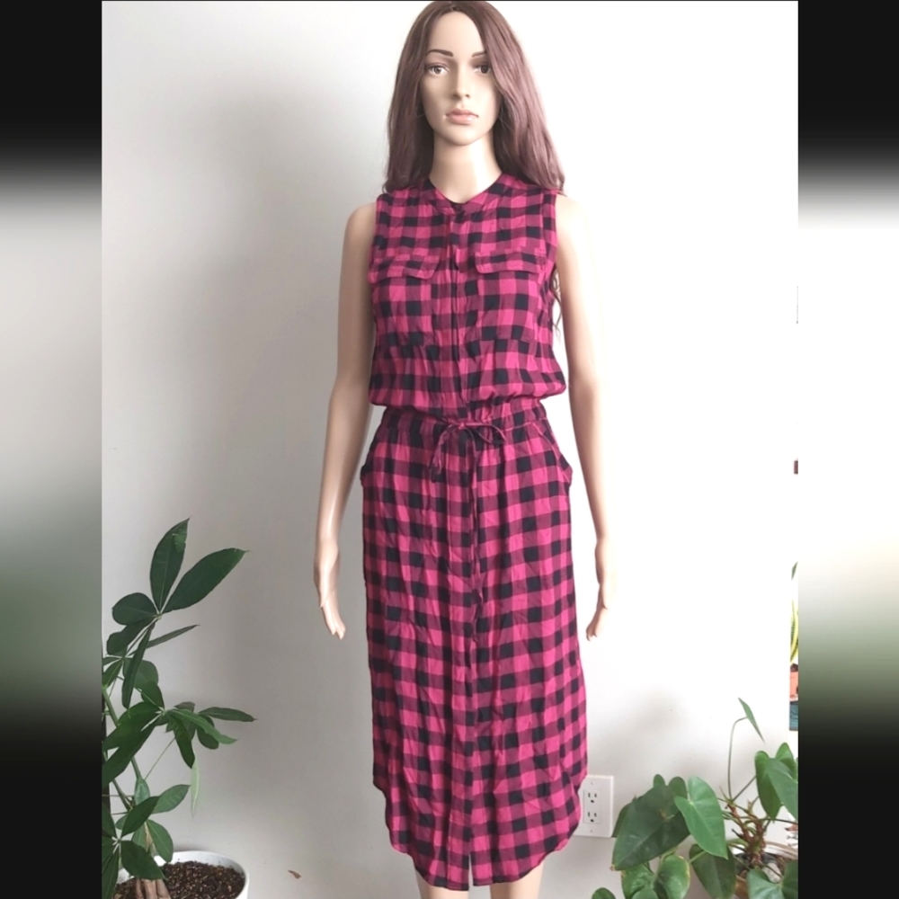 Banana Republic pink black gingham sleeveless midi dress blouson button down